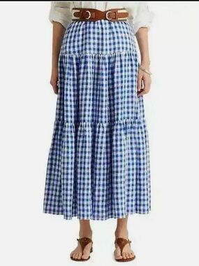 Ralph Lauren Black Label Blue Gingham Linen Maxi Skirt Size 8P